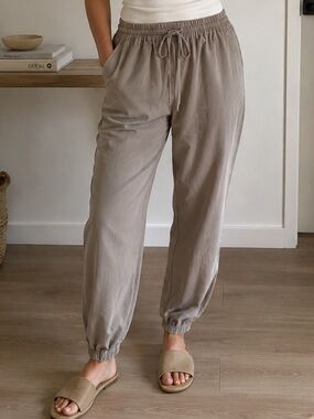 Tristan Linen Tencel Jogger Pants Size M Taupe Pull-On Ankle Casual Minimalist